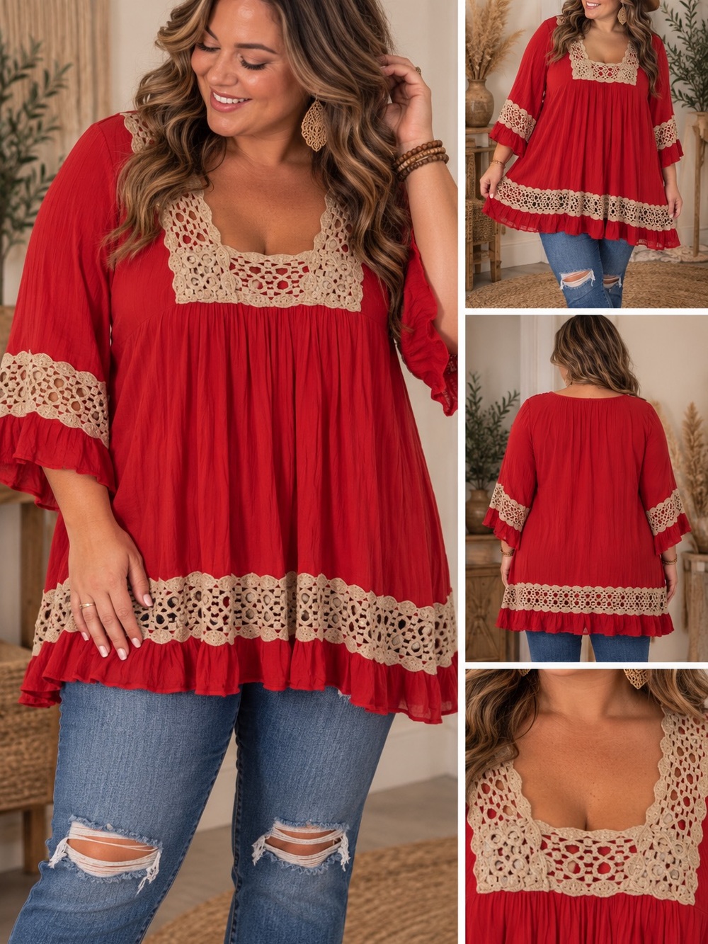 Plus Size Red Tunic Top with Crochet Trim